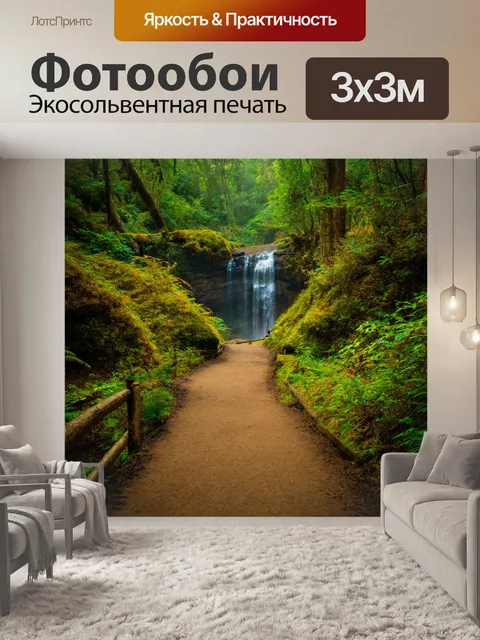 Фотообои лес с живописной тропой, ведущей к скрытому водопаду