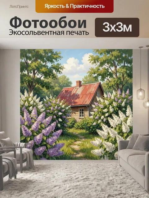 Фотообои Деревенский домик в цветущем саду