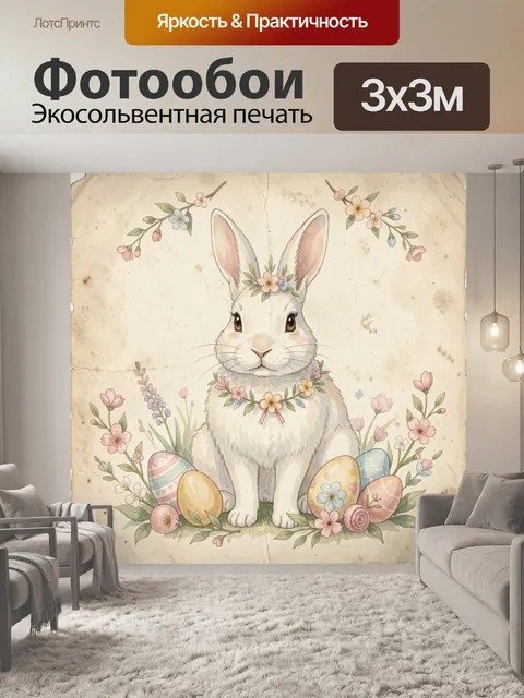 Фотообои Кролик в венке и пасхальных цветах