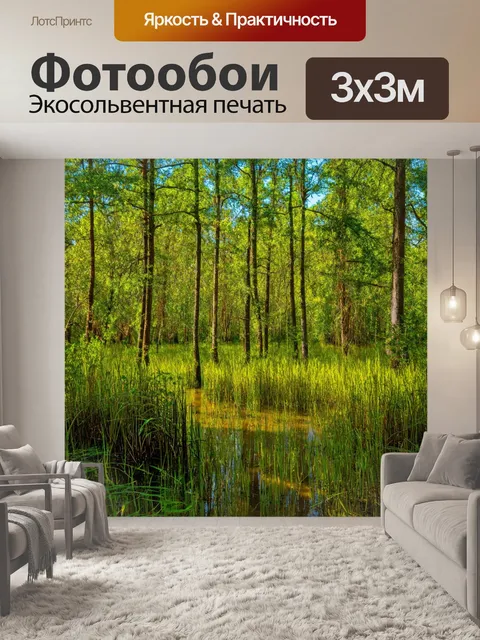 Фотообои лес с болотами и растительностью, профессирующей цвет