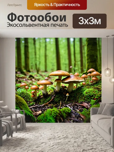Фотообои лес с лесными грибами, придающими необычность пейзажу