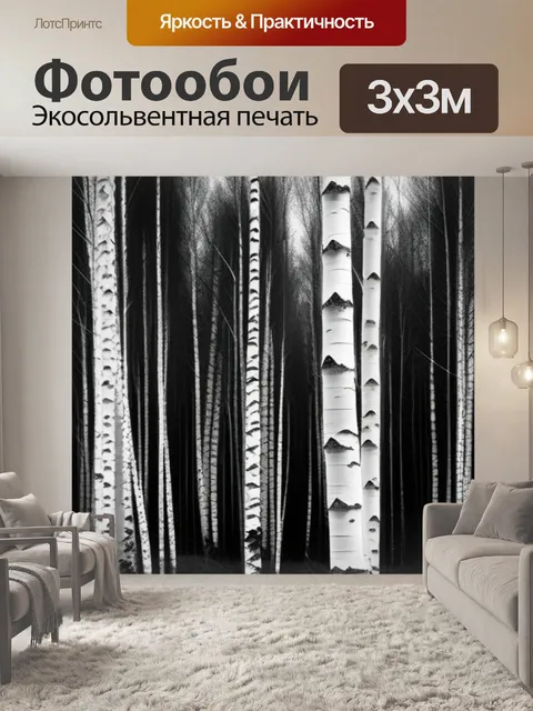 Фотообои лес пейзаж с березой чернобелый