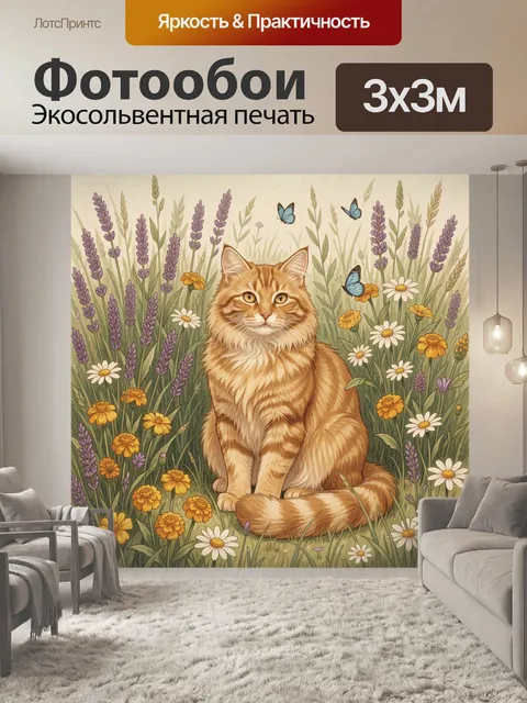 Фотообои Рыжий кот среди луговых цветов