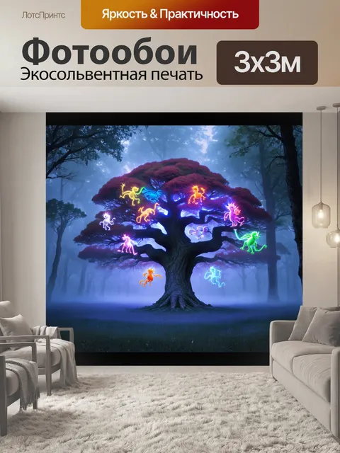 Фотообои уникальное дерево, окружённое туманом, с мистическими светящимися существами, витающими вокруг