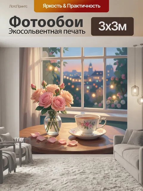 Фотообои Розы у окна с чашкой чая