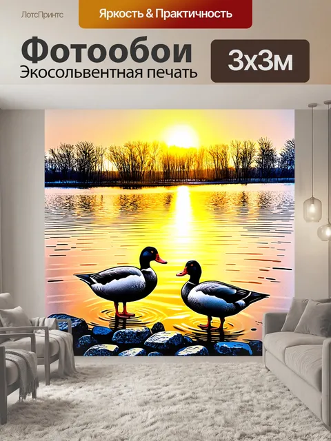 Фотообои две утки, исследующие неожиданные берега живописного озера, где золотистый закат отражается в воде