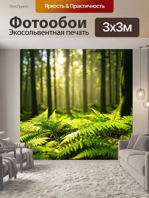Фотообои лес с буйными папоротниками и солнечными зайчиками, танцующими в траве