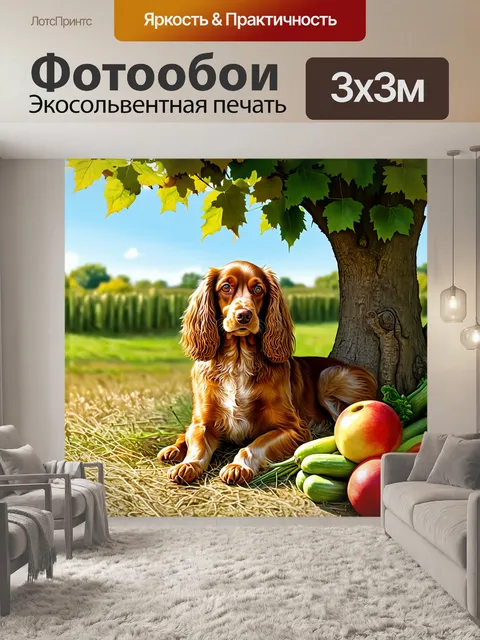 Фотообои английский кокер-спаниель, расслабляющийся в тени дерева на ферме, окруженный свежими овощами и фруктами
