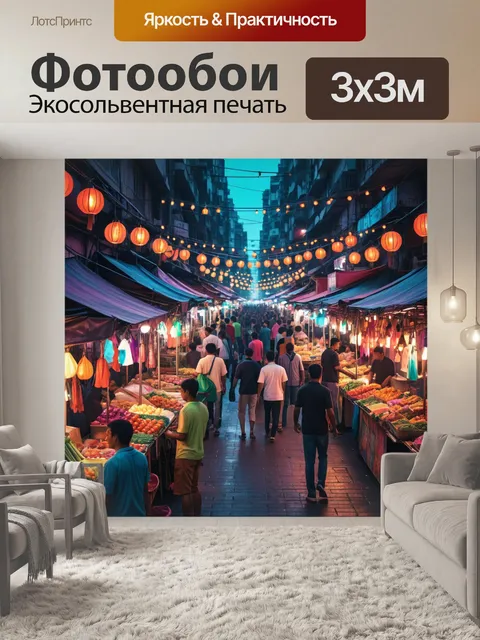 Фотообои город в стиле неоновый, показывающий рынок на улице, наполненный яркими огнями ларьков и людей