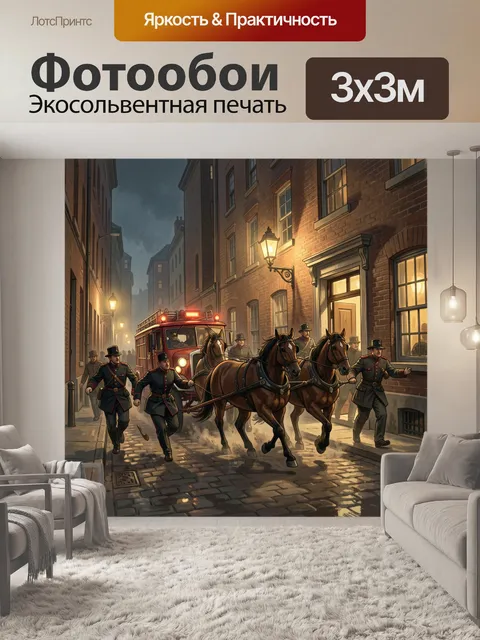 Фотообои Пожарные с конной повозкой ночью