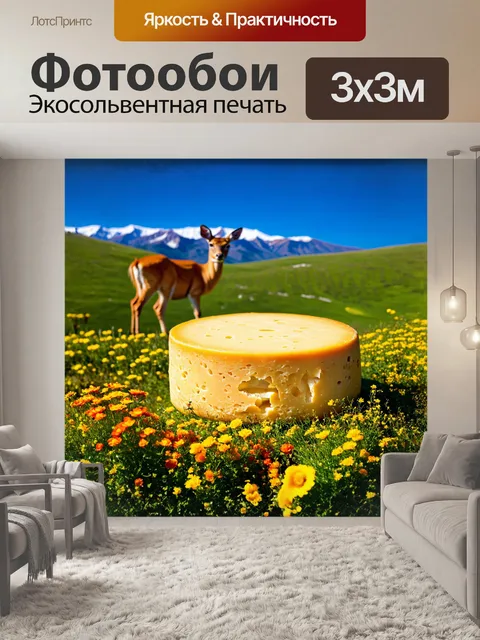 Фотообои колесо сыра величественно возвышается на фоне альпийских лугов, где яркие цветы распускаются в ярких оттенках