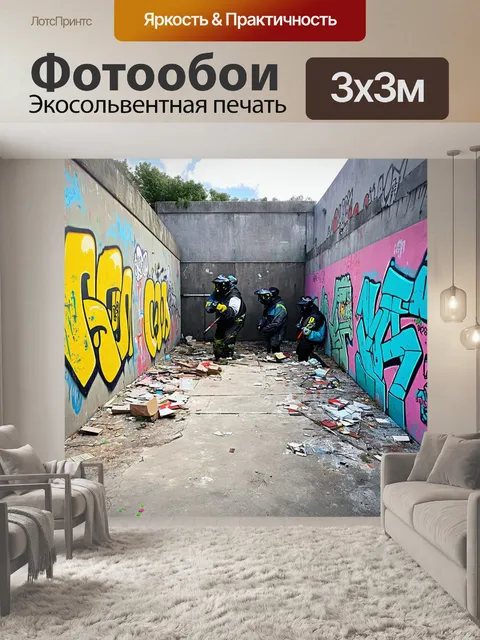 Фотообои сцена в заброшенном городском районе, где проходит пейнтбол