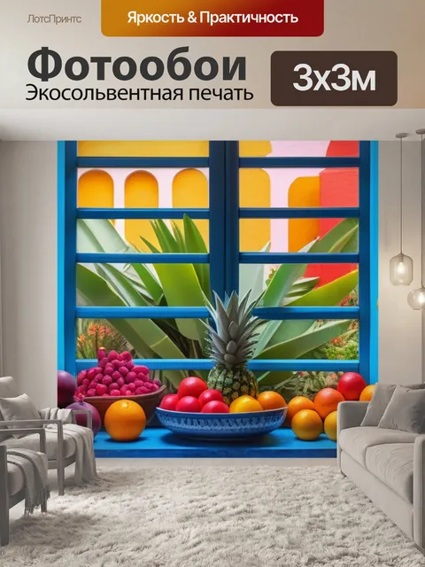 Фотообои окно в экзотическом доме, окруженное плодами и палитрой цветов