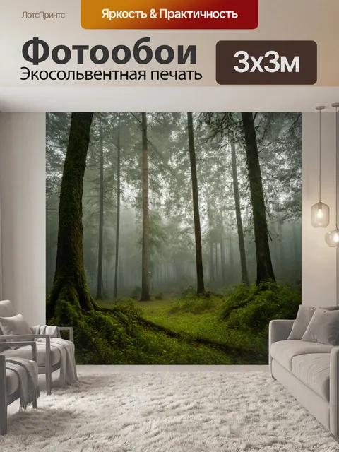 Фотообои лес в утреннем тумане, деревья словно танцуют в мягком свете