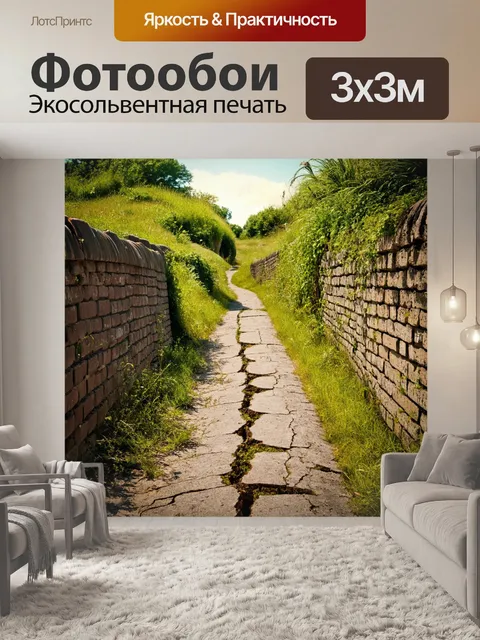 Фотообои узкая старая дорога, покрытая трещинами и заросшая травой