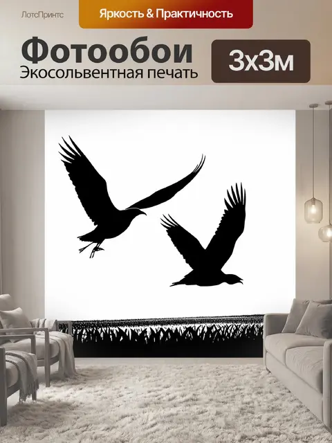Фотообои черно-белый с утонченными силуэтами охотничьих птиц, парящих над бескрайними полями