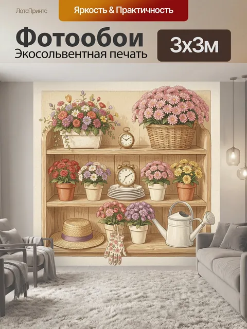 Фотообои Цветочные композиции на деревянной полке