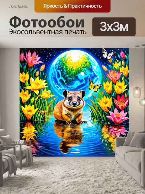 Фотообои даман, играющий в пруду среди лилий и бабочек, с отражением яркого небесного шара в воде