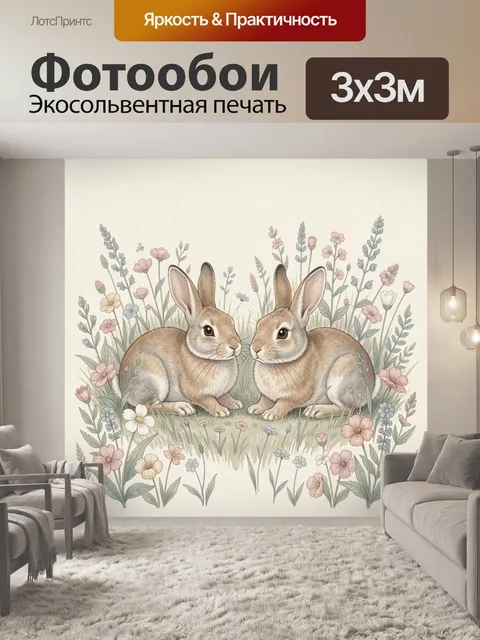 Фотообои Пара кроликов в цветущем лугу
