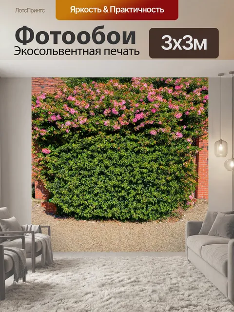 Фотообои кирпичи, обрамляемые роскошными цветущими кустами