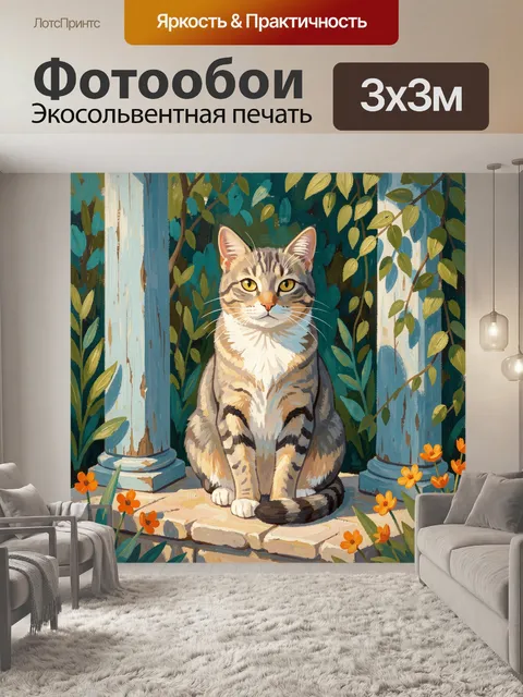 Фотообои Кот среди садовой зелени