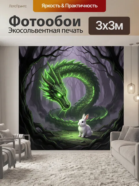 Фотообои Неоновый дракон и белый кролик