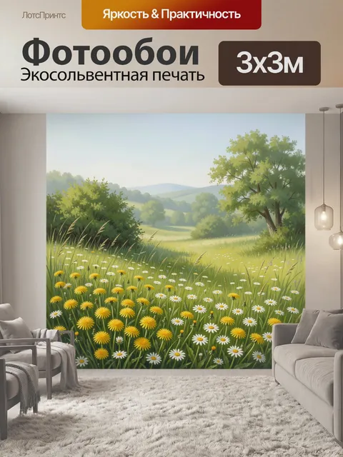 Фотообои Цветущий луг с деревьями