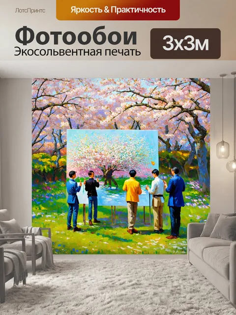 Фотообои группа художников, рисующих на большом холсте в корейском саду, окруженном старыми вишневыми деревьями
