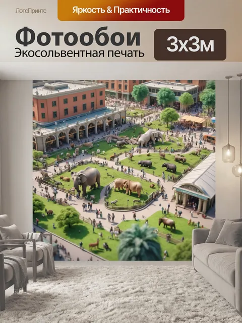 Фотообои город в стиле рендер с зоопарком в центре, людьми, радующимися животным