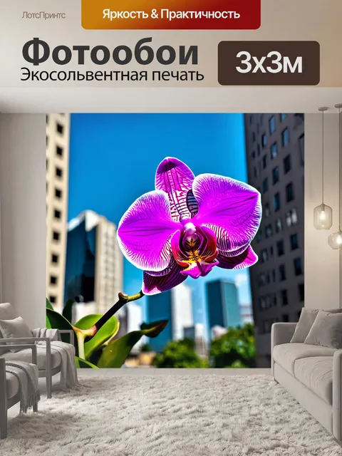 Фотообои орхидея на фоне городского пейзажа, создающая гармоничное сочетание природы и урбанистики