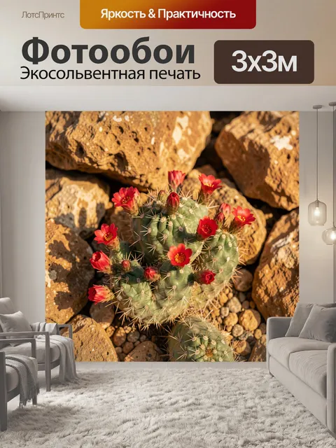 Фотообои Кактус с красными цветами в камнях