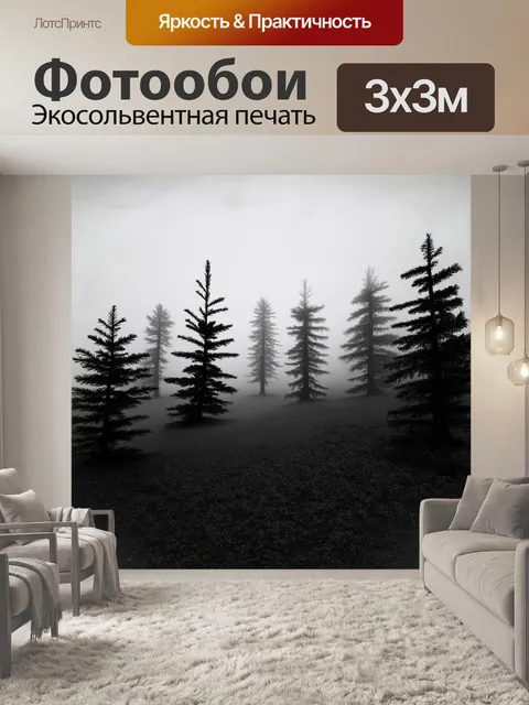 Фотообои ели в туманном лесу, окутанные туманом, сфотографированные в черно-белом цвете с использованием градиентного…