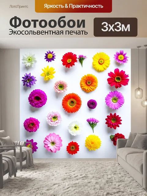 Фотообои цветы, набор из разных сортов цветков на белом фоне, создающих гармонию