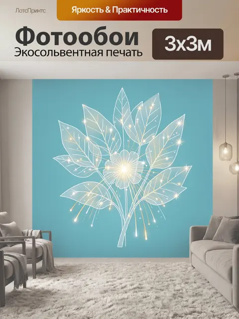 Фотообои Силуэтный абстрактный главный мотив — прозрачные светящиеся линии стеблей и цветов с крупными листьями с…