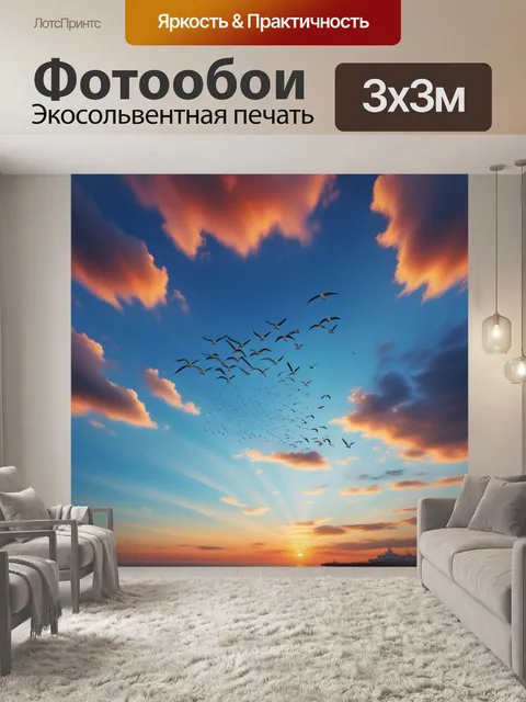 Фотообои небо с закатными облаками и проносящимися чайками
