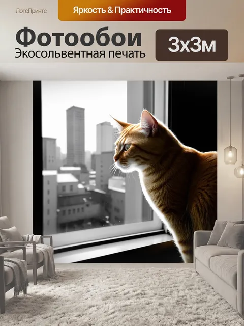 Фотообои рыжий кот, смотрящий в окно на городской пейзаж, его отражение видно на стекле