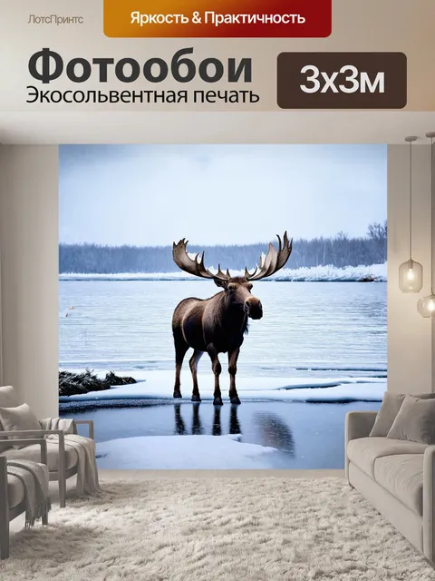 Фотообои лось, окружаемый тихими снежинками, стоит на берегу тихого, замерзшего озера, где ледяные узоры обрамляют…