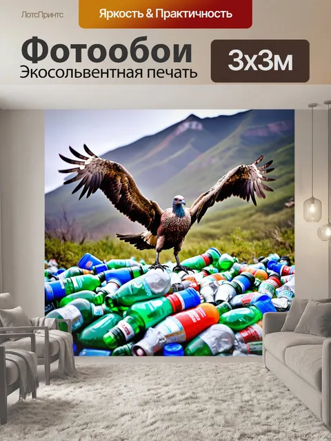 Фотообои гриф, расправивший свои могучие крылья на фоне горного пейзажа, окружённый подминающимися брошенными…