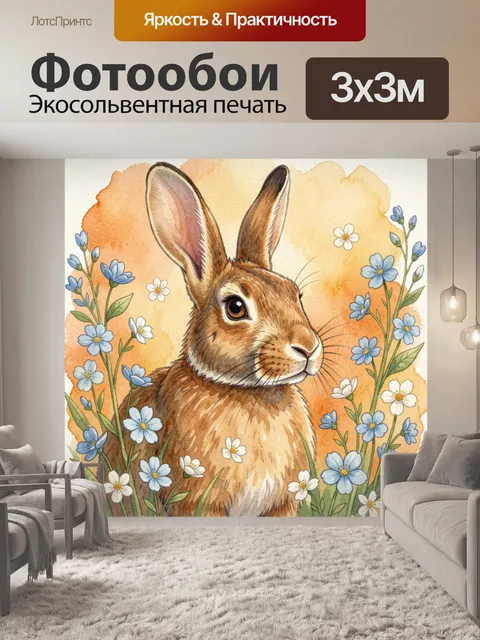 Фотообои Заяц среди полевых цветов