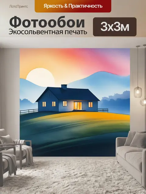 Фотообои акварель пейзаж с домиком минимал