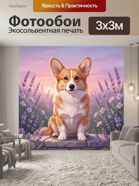 Фотообои Корги среди лавандового поля