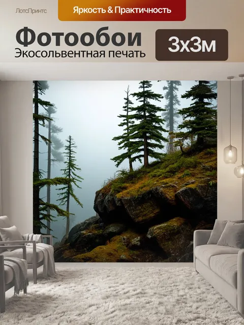 Фотообои на краю леса, где еловые деревья растут на скалистом утесе, туман стелится по земле, придавая пейзажу…