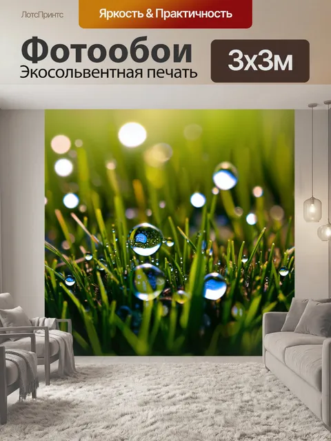 Фотообои ноты, запечатанные в прозрачных каплях росы на траве, словно музыка останавливается на мгновение