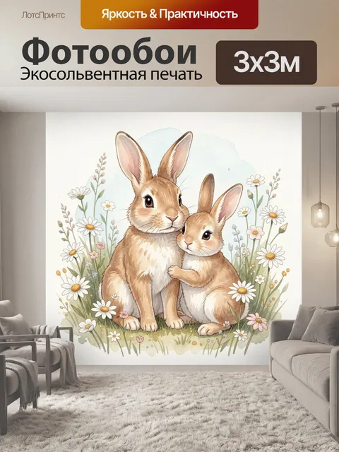 Фотообои Два кролика среди ромашек