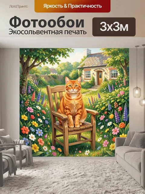 Фотообои Рыжий кот на деревянной скамье