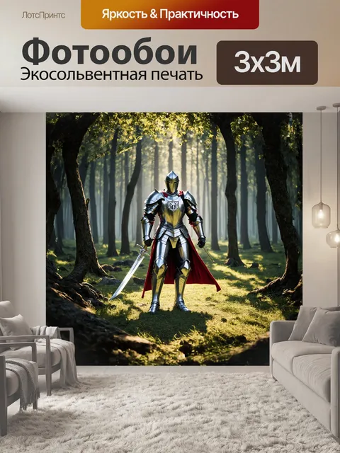 Фотообои в мрачной, затененной лесной чаще стоит могучий рыцарь в сверкающей броне, отражающей солнечные лучи…