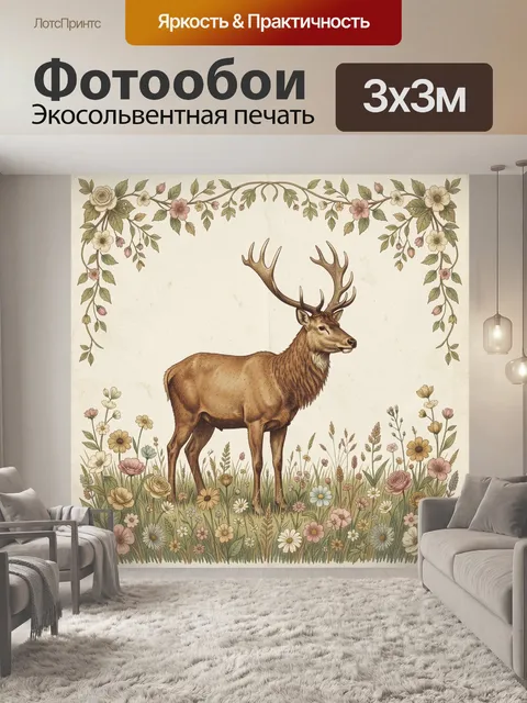 Фотообои Олень в цветочном обрамлении