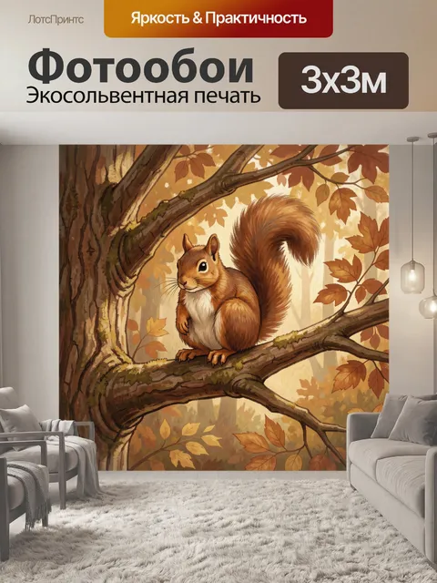 Фотообои Белка на ветвях осеннего леса