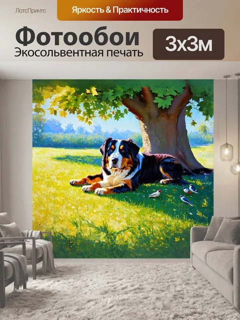Фотообои бернский зенненхунд, мирно дремлющий на лужайке в тени большого дерева