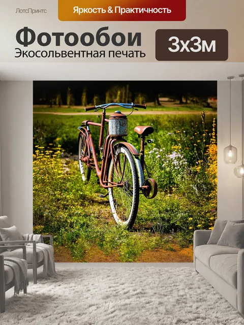 Фотообои старый велосипед, обросший ржавчиной и лишайником, стоит на фоне заброшенного парка, где заросли травы и…
